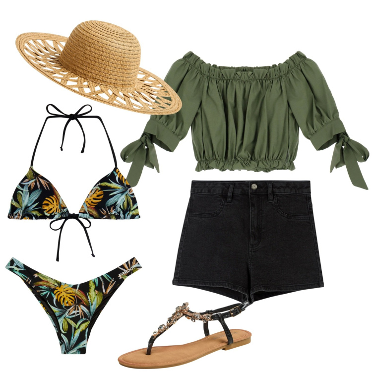 Outfit donna - Colazione a Taormina. Stile Casual chic per Mare. Abbinamento con shorts, sandali gioiello, cappelli, bluse, bikini, bikini.