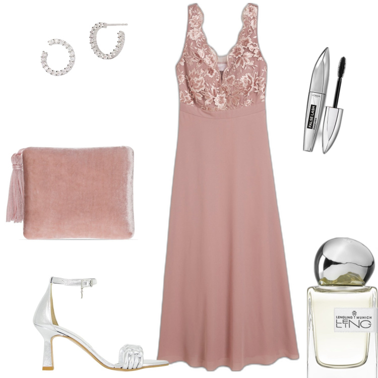 Outfit donna - Sabato sera. Stile Chic per Serata fuori. Abbinamento con vestiti lunghi, mascara, profumi, orecchini, décolleté, pochette.