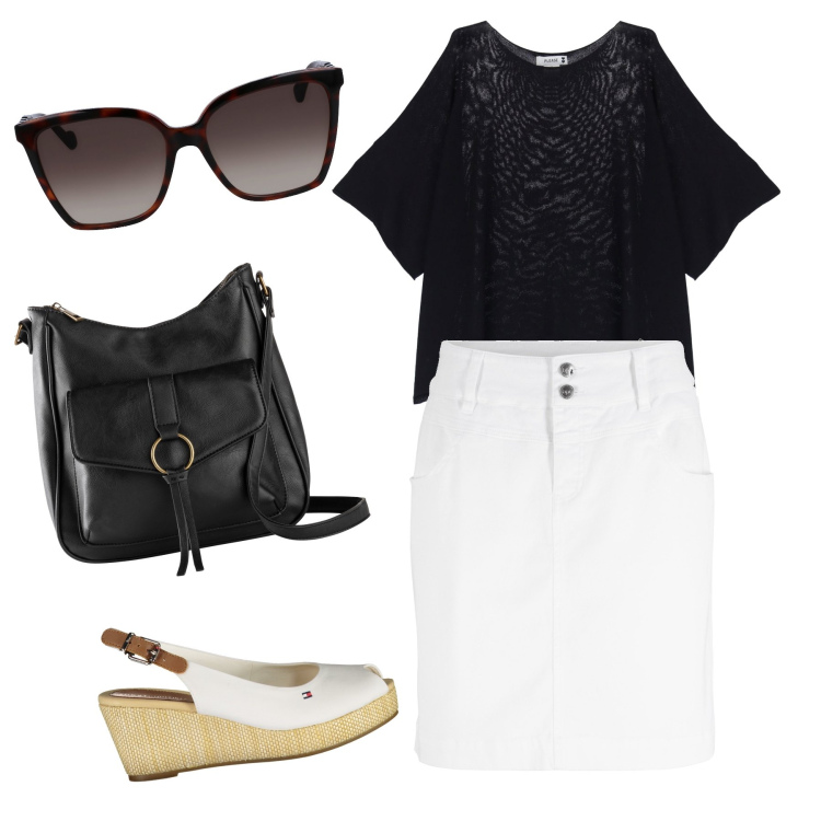 Outfit donna - Gli impegni del sabato mattina. Stile Basic per Tutti i giorni. Abbinamento con minigonne, borse a tracolla, maglieria, sandali col tacco, occhiali da sole.