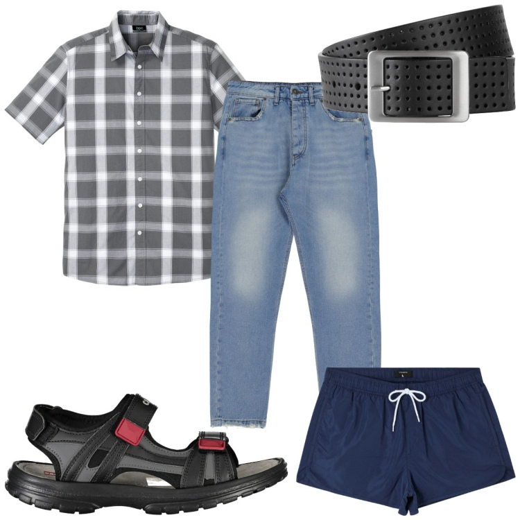 Outfit uomo - Total look #1916572. Stile Trendy per Mare. Abbinamento con cinture, camicie a manica corta, costumi, jeans slim fit, sandali.