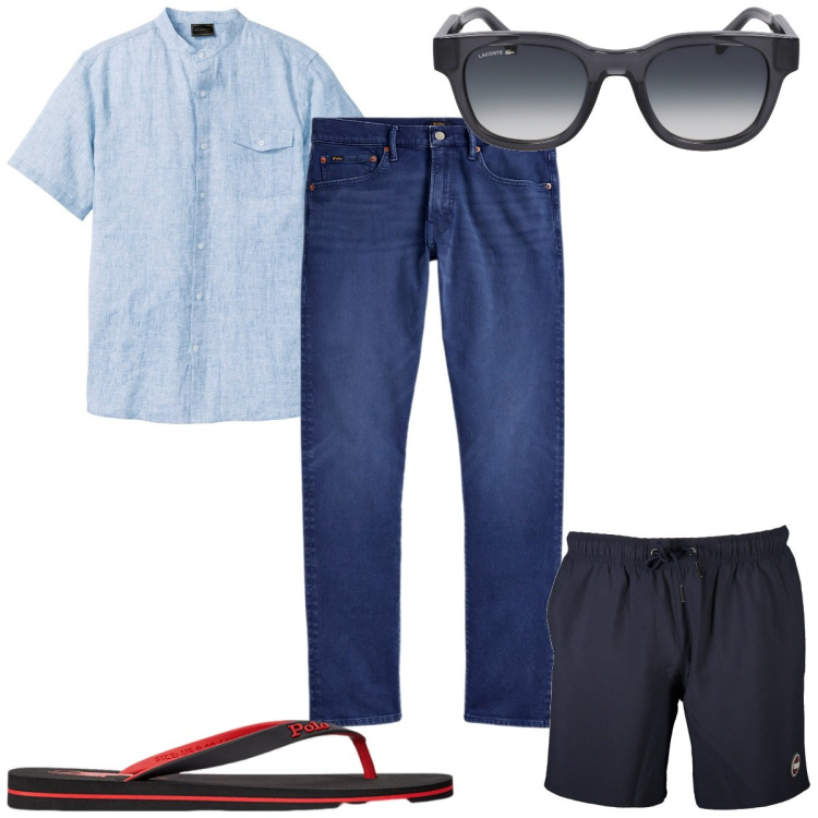 Outfit uomo - Total look #1916576. Stile Trendy per Mare. Abbinamento con camicie a manica corta, sandali, jeans, occhiali da sole, costumi.