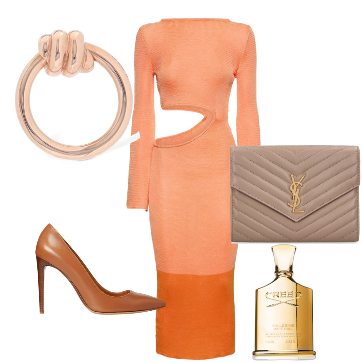 Outfit donna - Total look. Stile Glamour per Serata fuori. Abbinamento con profumi, décolleté, orecchini, vestiti asimmetrici, pochette.