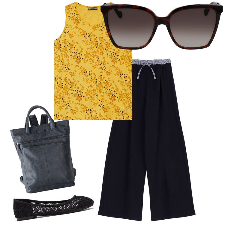 Outfit donna - Colazione al bar. Stile Basic per Tutti i giorni. Abbinamento con ballerine, zaini, pantaloni a palazzo, canottiere, occhiali da sole.