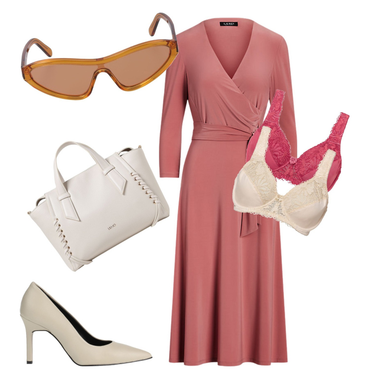 Outfit donna - Total look. Stile Urban per Tutti i giorni. Abbinamento con reggiseni, décolleté, vestiti, occhiali da sole, borse a mano.