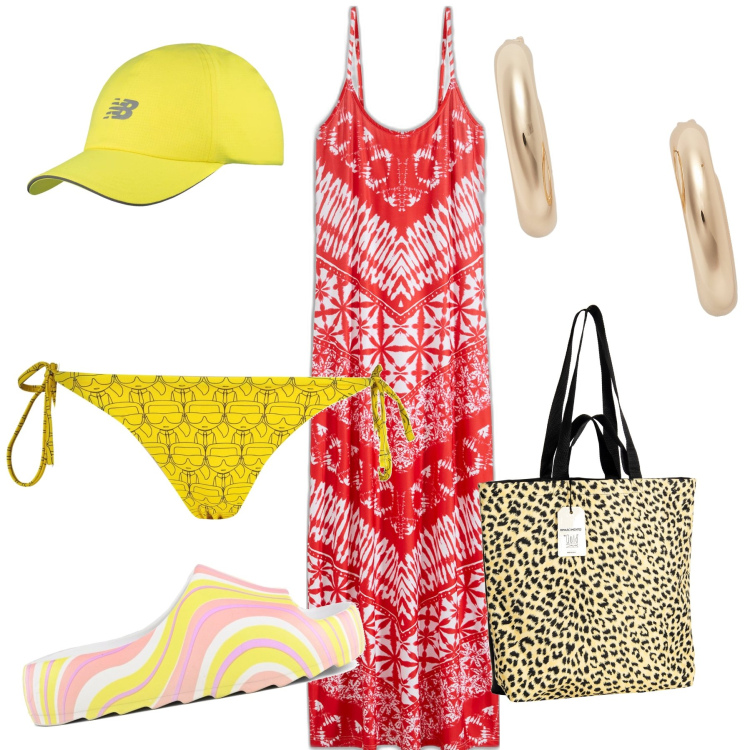 Outfit donna - In lungo verso il mare. Stile Glamour per Mare. Abbinamento con vestiti lunghi, cappelli, borse tote, orecchini, ciabatte, costumi.