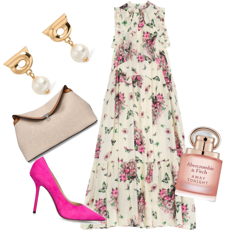 Outfit donna - Oggi festa. Stile Chic per Cerimonia. Abbinamento con profumi, vestiti lunghi, décolleté, orecchini, clutch.