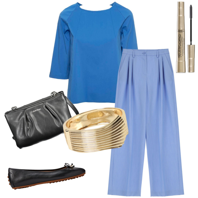 Outfit donna - Bluette nero e un tocco d oro. Stile Bon Ton per Tutti i giorni. Abbinamento con mascara, jeans dritti, ballerine, bluse, braccialetti, borse a mano.
