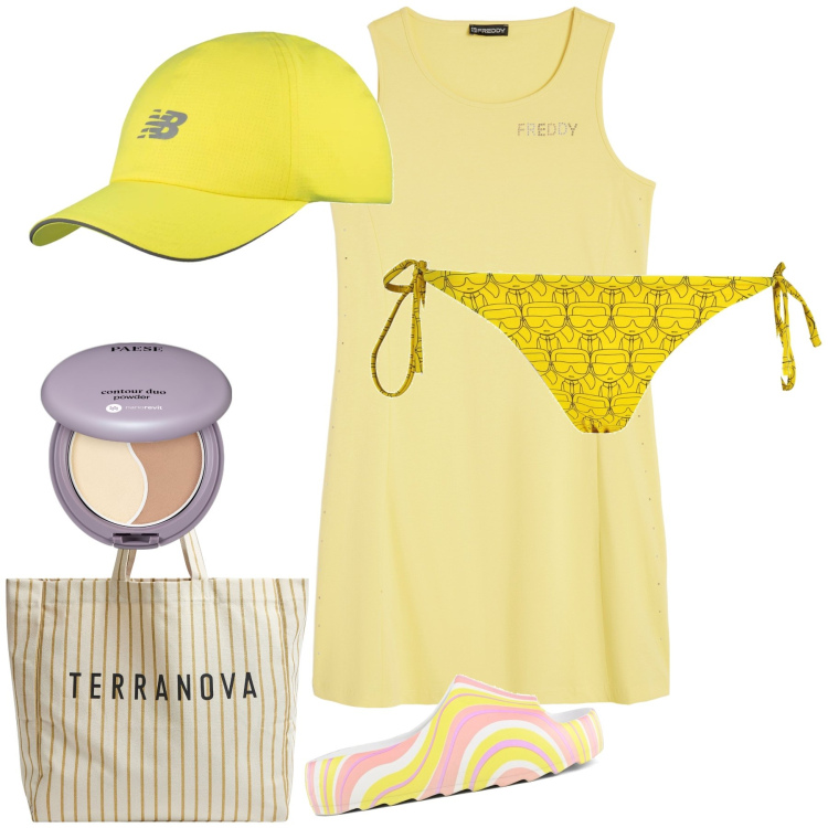 Outfit donna - Oggi pranzo in spiaggia. Stile Glamour per Mare. Abbinamento con terre, borse tote, cappelli, vestiti senza maniche, ciabatte, costumi.