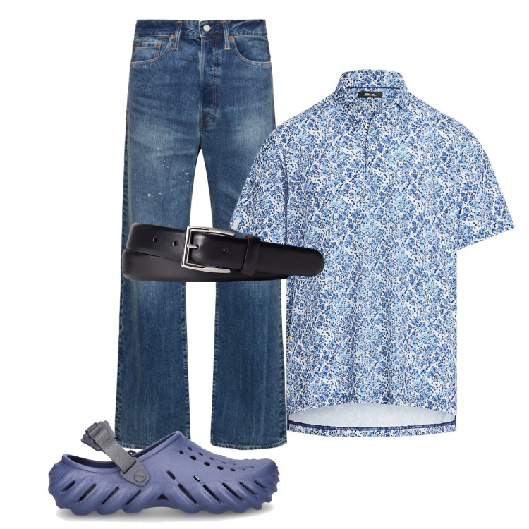 Outfit uomo - Total look #1916614. Stile Trendy per Ufficio. Abbinamento con cinture, polo, jeans dritti, sandali.