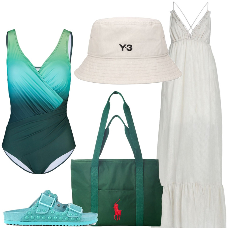 Outfit donna - Mare. per Tutti i giorni. look ideale per Petite. Abbinamento con costumi interi, vestiti lunghi, borse tote, cappelli, sandali.