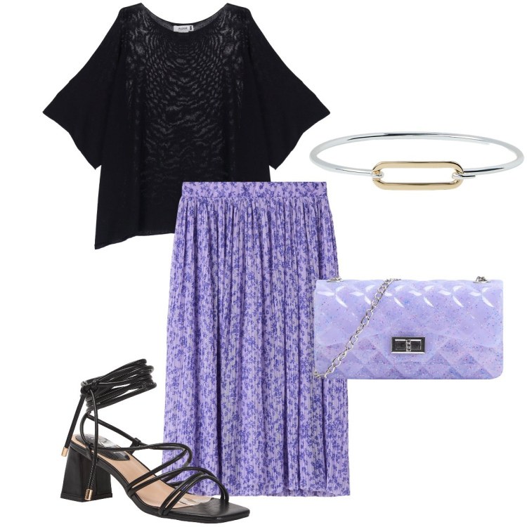 Outfit donna - Sabato sera. Stile Bon Ton per Serata fuori. Abbinamento con borse a tracolla, gonne lunghe, sandali alla schiava, maglieria, braccialetti.