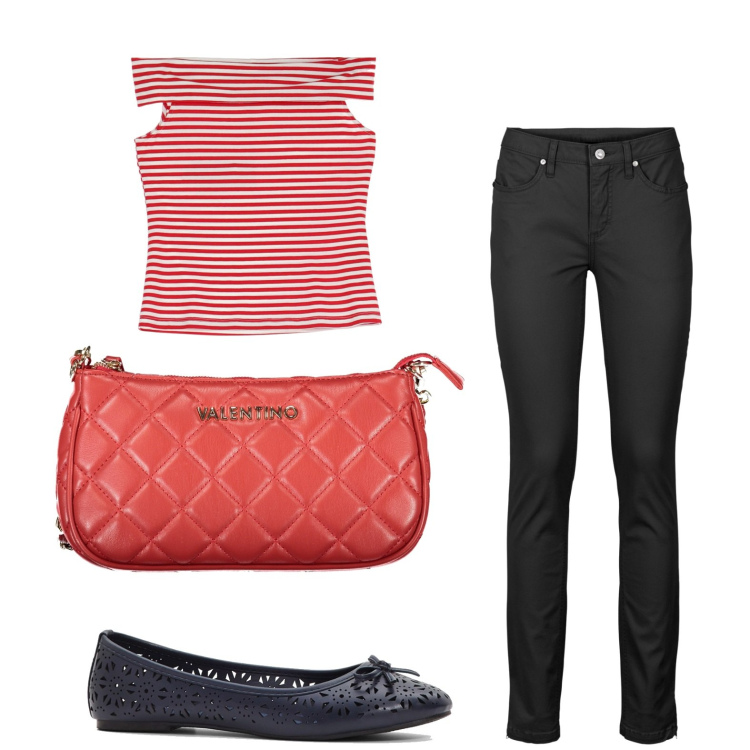 Outfit donna - Minimal a righe. Stile Casual per Tutti i giorni. look ideale per Petite. Abbinamento con jeans skinny, ballerine, canottiere, borse a spalla.