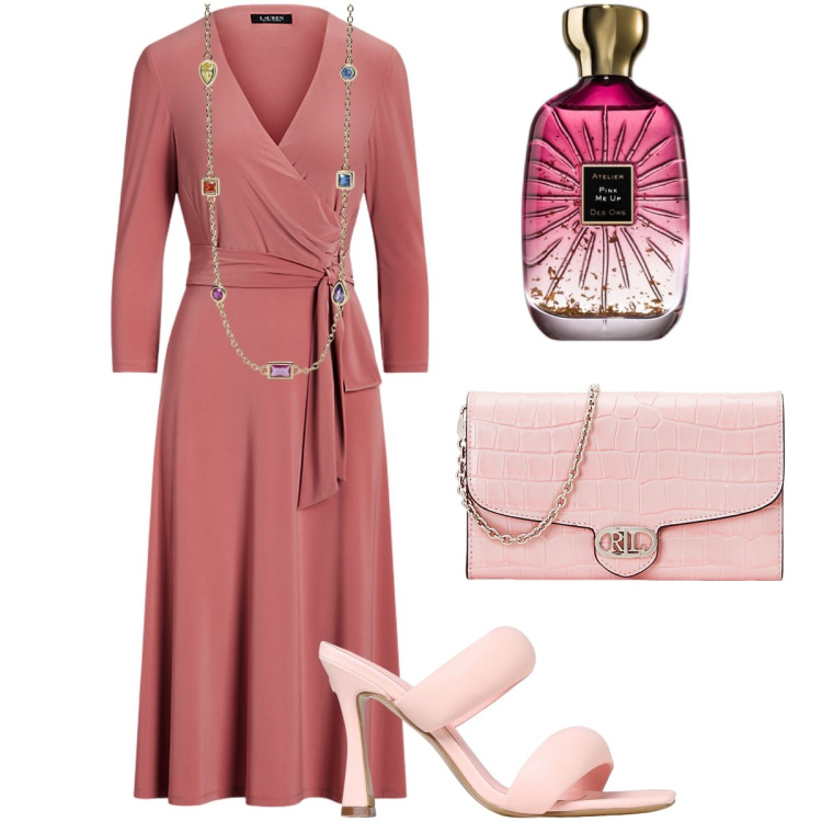 Outfit donna - Chic per la cerimonia. Stile Chic per Cerimonia. Abbinamento con profumi, collane, vestiti, borse a tracolla, sandali in pelle.