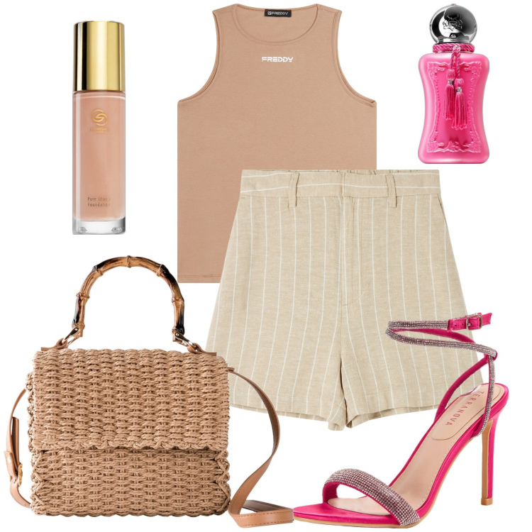 Outfit donna - Short. Stile Bon Ton per Serata fuori. look ideale per Tall. Abbinamento con borse a mano, profumi, fondotinta, bermuda, sandali col tacco, canottiere.