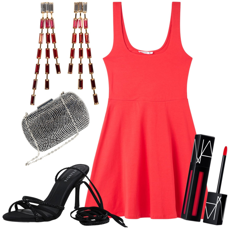 Outfit donna - Stasera in rosso sul lungomare. Stile Glamour per Serata fuori. Abbinamento con orecchini, rossetti, vestiti midi/longuette, sandali alla schiava, clutch.