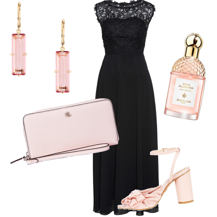 Outfit donna - Abito blu accessori cipria. Stile Chic per Cerimonia. Abbinamento con vestiti lunghi, profumi, sandali col tacco, pochette, orecchini.