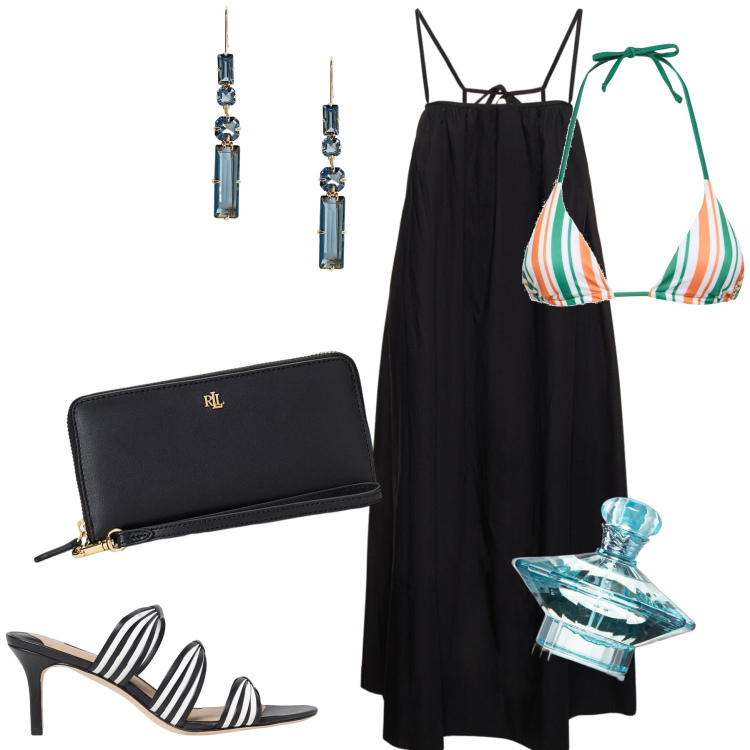 Outfit donna - Party in spiaggia. Stile Glamour per Mare. Abbinamento con profumi, pochette, orecchini, vestiti midi/longuette, sandali col tacco, bikini.