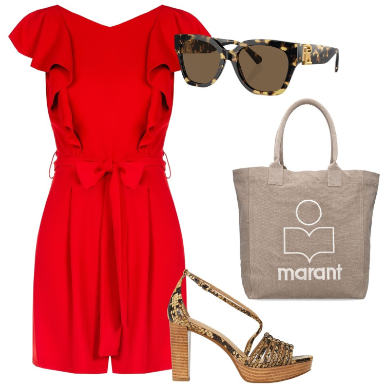 Outfit donna - Sandali ed occhiali animalier. Stile Bon Ton per Tutti i giorni. Abbinamento con tuta corta, occhiali da sole, sandali in pelle, shopping bag.