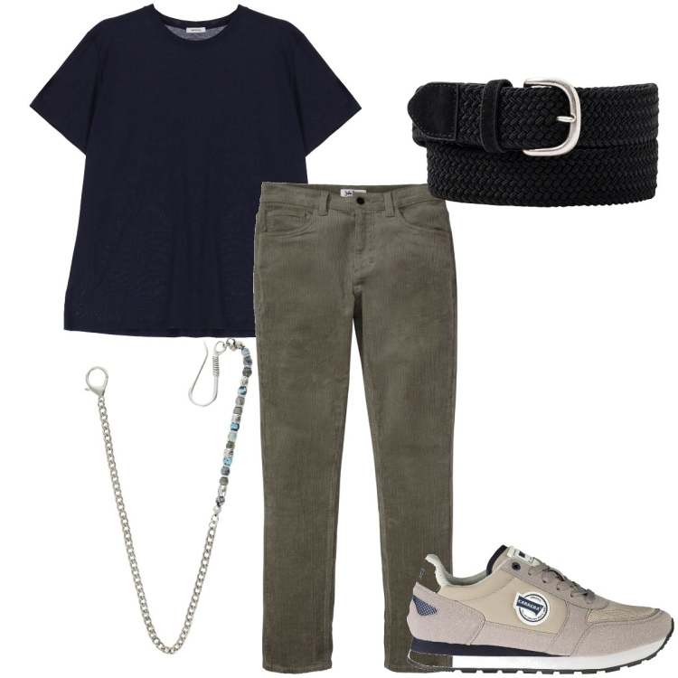 Outfit uomo - T-shirt nera per la sera. Stile Casual per Serata speciale. Abbinamento con pantaloni, collane, t-shirt, cinture, sneakers.