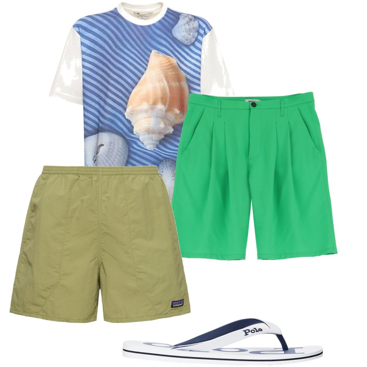 Outfit uomo - La t-shirt con la conchiglia. Stile Casual per Mare. Abbinamento con bermuda, sandali, t-shirt, costumi.