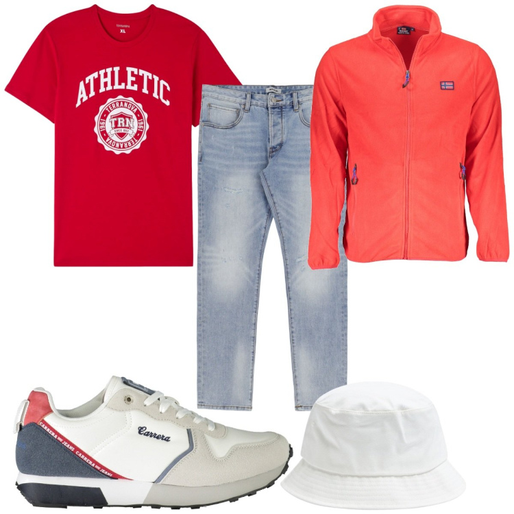 Outfit uomo - Total look #1916687. Stile Trendy per Tutti i giorni. Abbinamento con t-shirt, cappelli, jeans slim fit, sneakers, felpe.