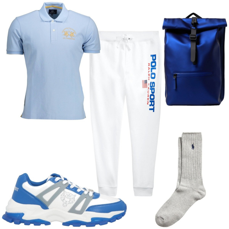 Outfit uomo - Total look #1916689. Stile Trendy per Sport. Abbinamento con sneakers, calzini, pantaloni, polo, borse sportive.