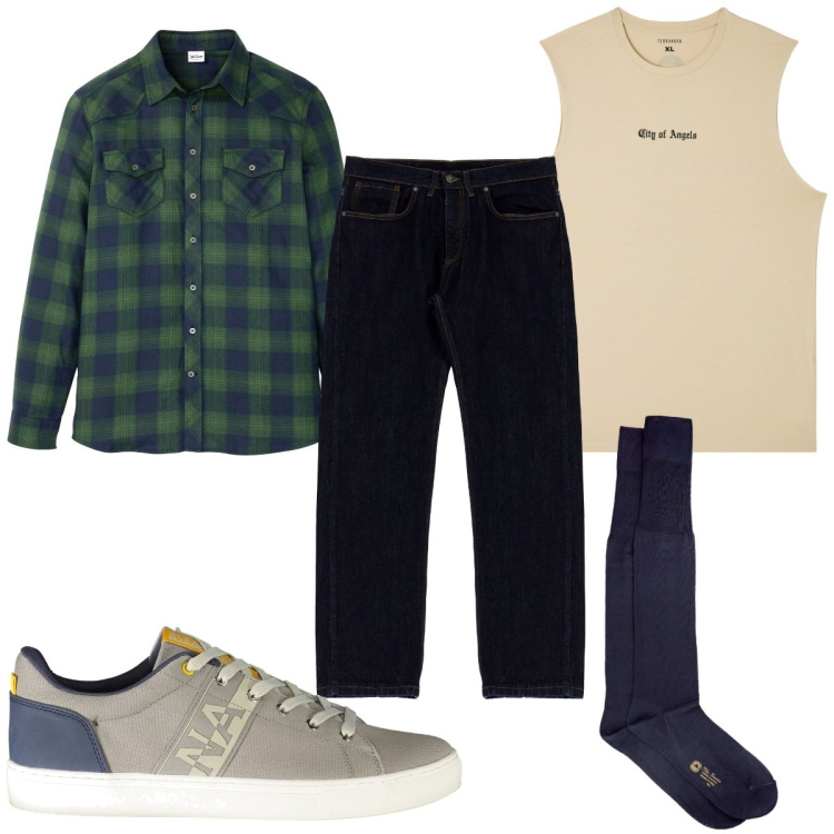 Outfit uomo - Total look #1916690. Stile Trendy per Tutti i giorni. Abbinamento con camicie, canottiere, jeans slim fit, sneakers, calzini.