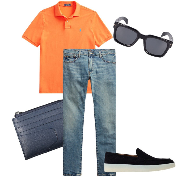 Outfit uomo - La t-shirt arancione. Stile Urban per Serata speciale. Abbinamento con jeans, polo, portafogli, occhiali da sole, scarpe stringate.