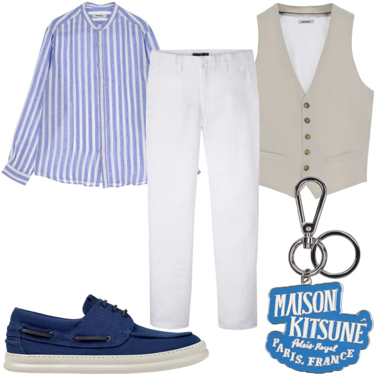 Outfit uomo - Total look #1916695. Stile Casual per Tutti i giorni. Abbinamento con pantaloni, gilet, camicie, portachiavi, scarpe stringate.
