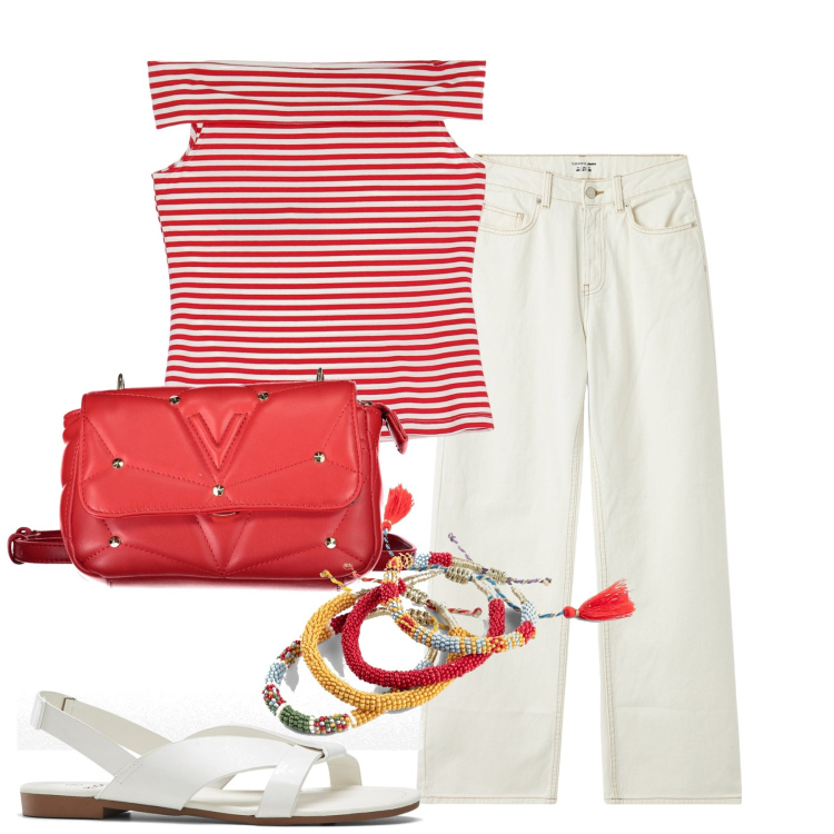 Outfit donna - City. Stile Basic per Tutti i giorni. Abbinamento con sandali, braccialetti, jeans, canottiere, borse a tracolla.