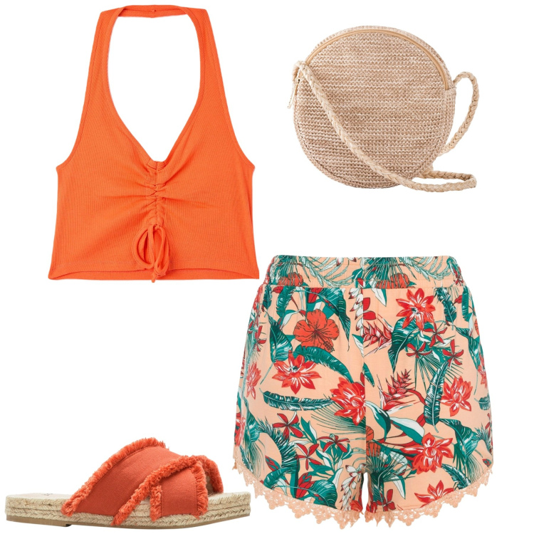 Outfit donna - Mare. Stile Romantica per Mare. Abbinamento con borse a tracolla, shorts, ciabatte, top.