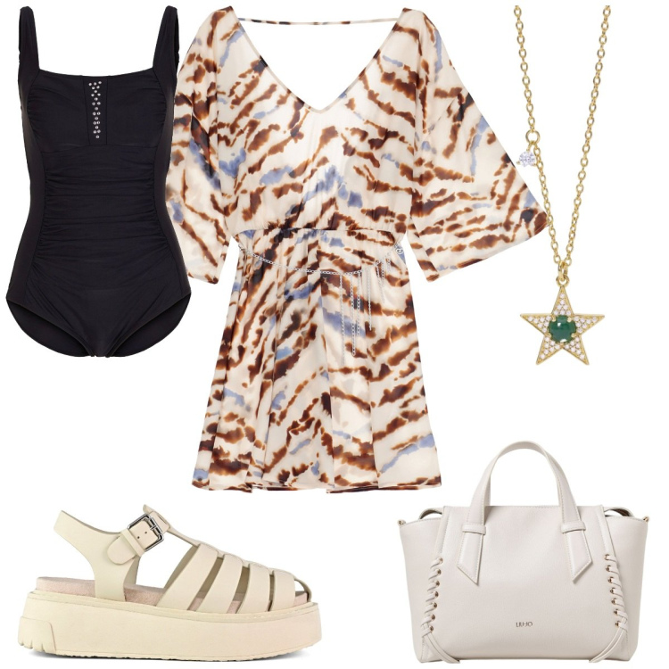 Outfit donna - Total look #1916705. Stile Etnico per Mare. Abbinamento con costumi interi, collane, vestiti corti, sandali, borse a mano.