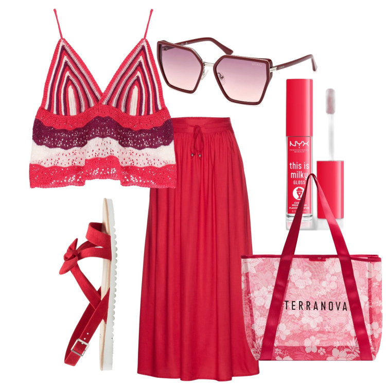 Outfit donna - Ciliegina. Stile Etnico per Mare. Abbinamento con gonne lunghe, sandali, gloss, shopping bag, top, occhiali da sole.