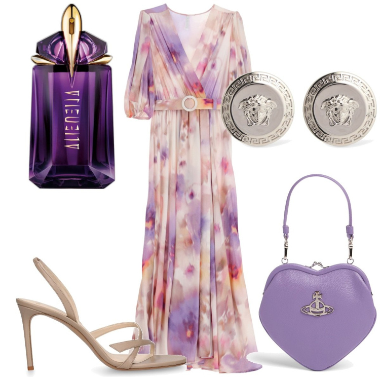 Outfit donna - Total look #1916716. Stile Glamour per Cerimonia. Abbinamento con profumi, vestiti lunghi, borse a mano, sandali in pelle, orecchini.