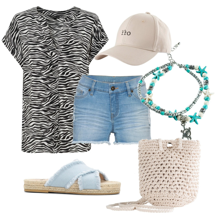 Outfit donna - Gita al mare!!!. Stile Casual per Mare. Abbinamento con bluse, cappelli con visiera, shorts, borse a tracolla, collane, ciabatte.