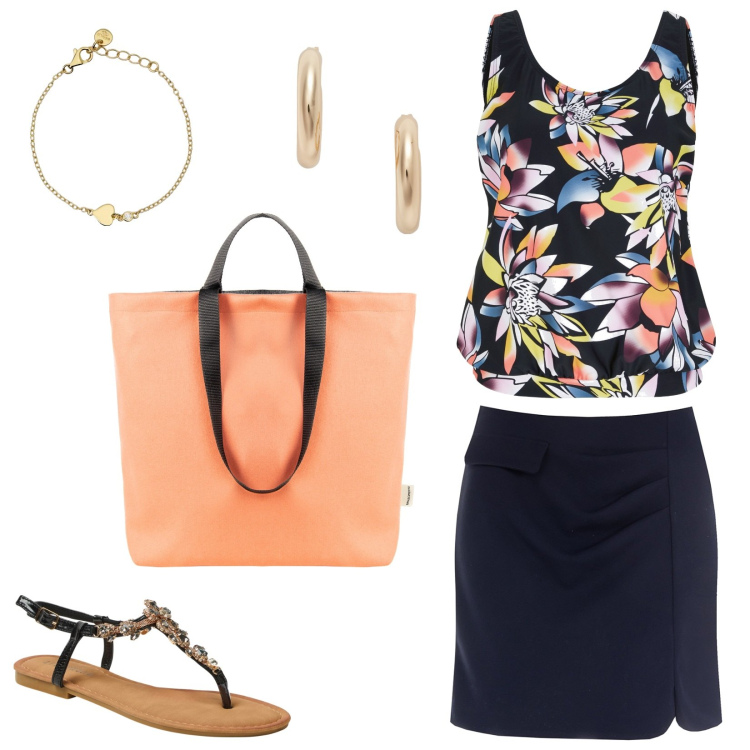 Outfit donna - Appuntamento per lo shopping. Stile Minimal per Tutti i giorni. Abbinamento con top, sandali gioiello, braccialetti, borse tote, minigonne, orecchini.