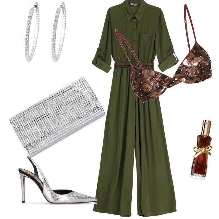 Outfit donna - La tuta del giorno diventa da sera. Stile Glamour per Serata fuori. Abbinamento con profumi, orecchini, tute, reggiseni, décolleté, pochette.