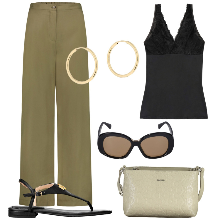 Outfit donna - A mio agio. Stile Casual chic per Tutti i giorni. Abbinamento con top, sandali in pelle, pantaloni, occhiali da sole, borse a tracolla, orecchini.