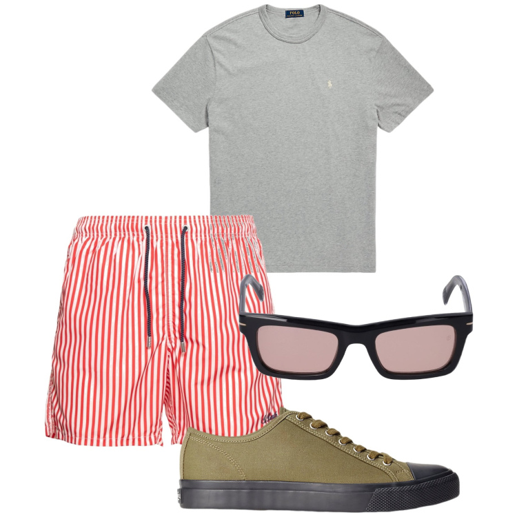 Outfit uomo - Righe. Stile Casual per Tutti i giorni. Abbinamento con sneakers, t-shirt, occhiali da sole, shorts.