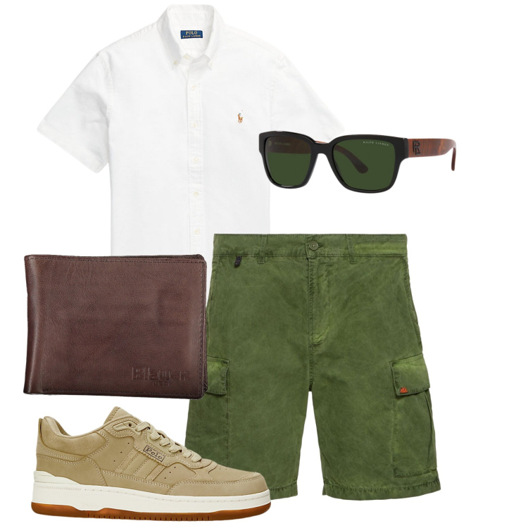 Outfit uomo - Un giro in centro. Stile Casual per Tutti i giorni. Abbinamento con camicie, sneakers, occhiali da sole, shorts, portafogli.