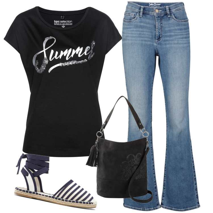Outfit donna - In nero e jeans. Stile Sporty chic per Tutti i giorni. Abbinamento con maglieria, borse a mano, jeans bootcut, espadrillas.