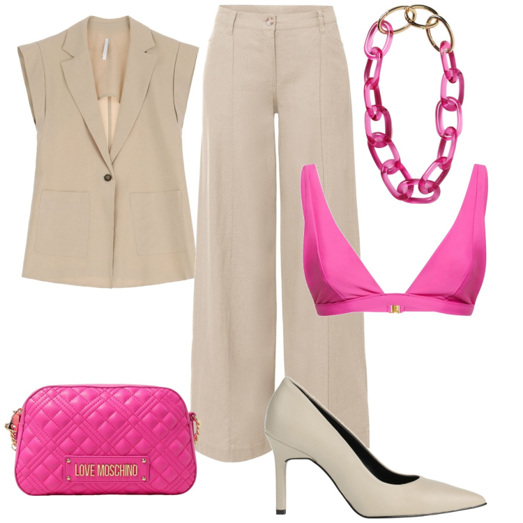 Outfit donna - Voglio farmi notare. Stile Trendy per Tutti i giorni. Abbinamento con pantaloni a palazzo, décolleté, gilet, top, borse a tracolla, collane.