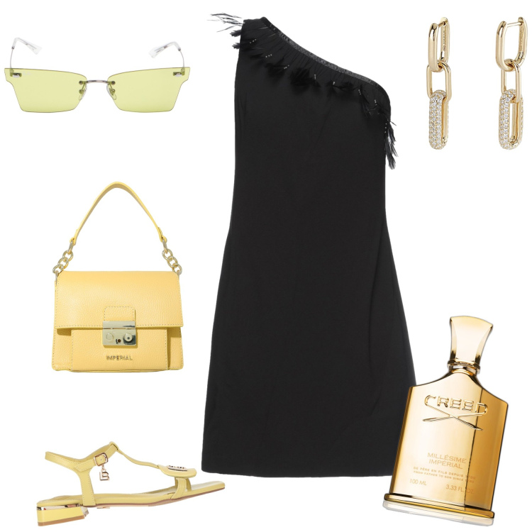 Outfit donna - Nero e giallo. Stile Glamour per Tutti i giorni. Abbinamento con vestiti corti, sandali, profumi, orecchini, pochette, occhiali da sole.