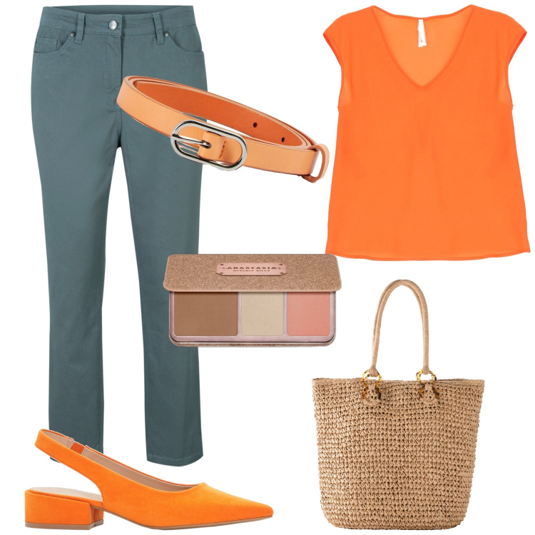 Outfit donna - Al lavoro. Stile Casual chic per Ufficio. Abbinamento con pantaloni, décolleté, shopping bag, terre, cinture, canottiere.