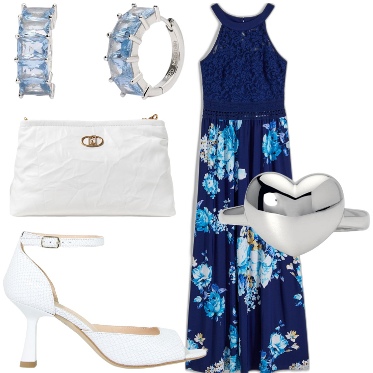 Outfit donna - Col cuore. Stile Bon Ton per Serata fuori. Abbinamento con vestiti lunghi, anelli, orecchini, décolleté, clutch.