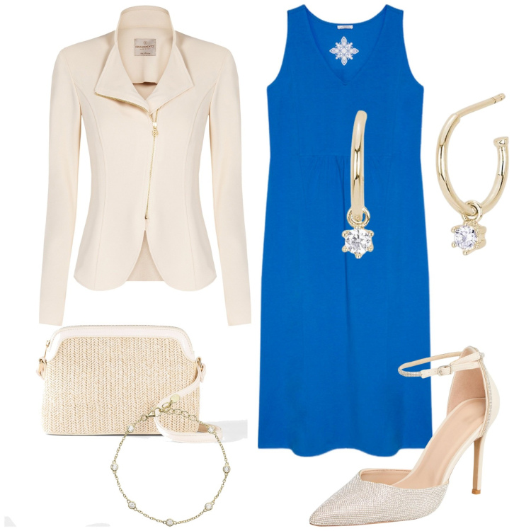 Outfit donna - Cerimonia luglio. Stile Glamour per Cerimonia. Abbinamento con borse a tracolla, décolleté, orecchini, braccialetti, blazer, vestiti senza maniche.