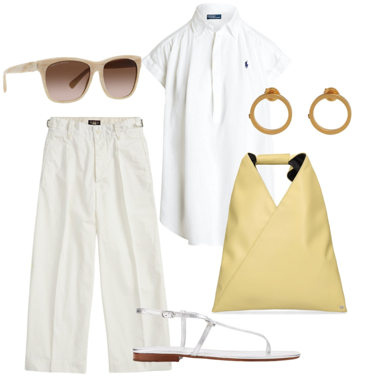 Outfit donna - Blanche. Stile Bon Ton per Tutti i giorni. Abbinamento con pantaloni, occhiali da sole, sandali in pelle, camicie, borse a mano, orecchini.