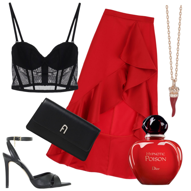 Outfit donna - Sexy rosso e nero. Stile Sexy per Serata fuori. Abbinamento con profumi, collane, gonne longuette, top, décolleté, clutch.