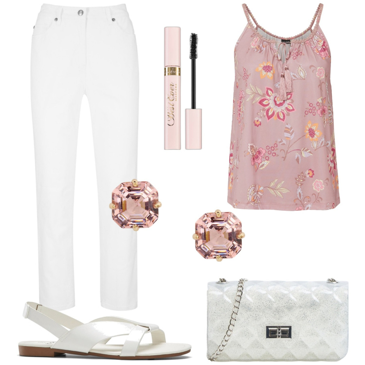 Outfit donna - Per tutti i giorni. Stile Casual chic per Tutti i giorni. Abbinamento con pantaloni, sandali, top, mascara, borse a tracolla, orecchini.