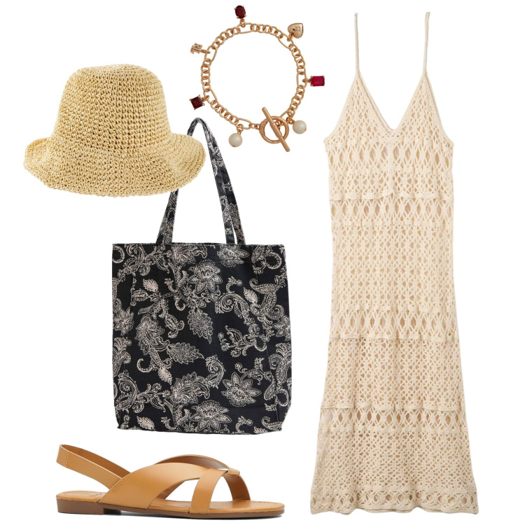 Outfit donna - Crochet al pomeriggio. Stile Romantica per Tutti i giorni. Abbinamento con sandali, cappelli, vestiti lunghi, shopping bag, braccialetti.